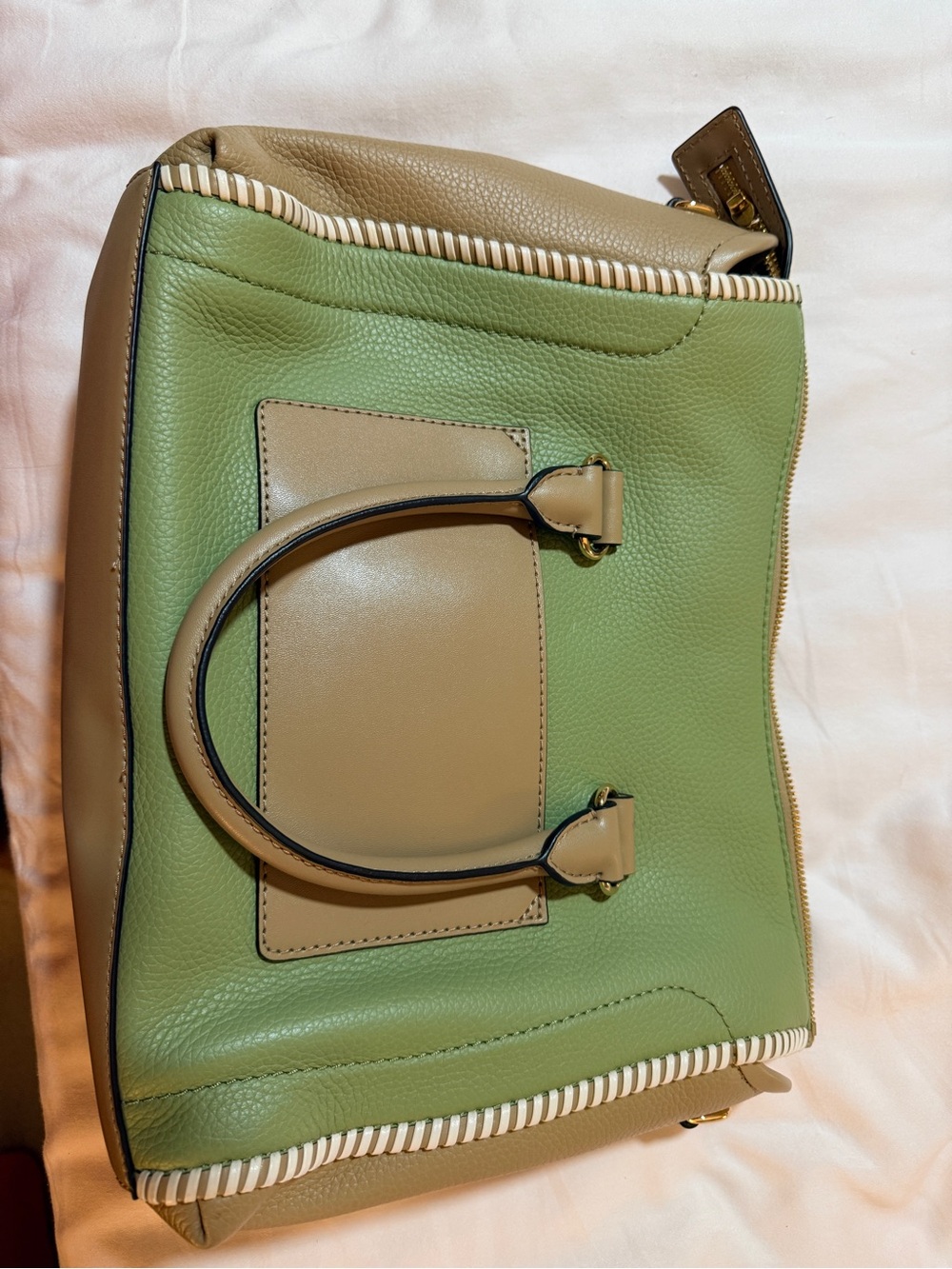 Michael Kors Green and Tan Leather Tote Bag